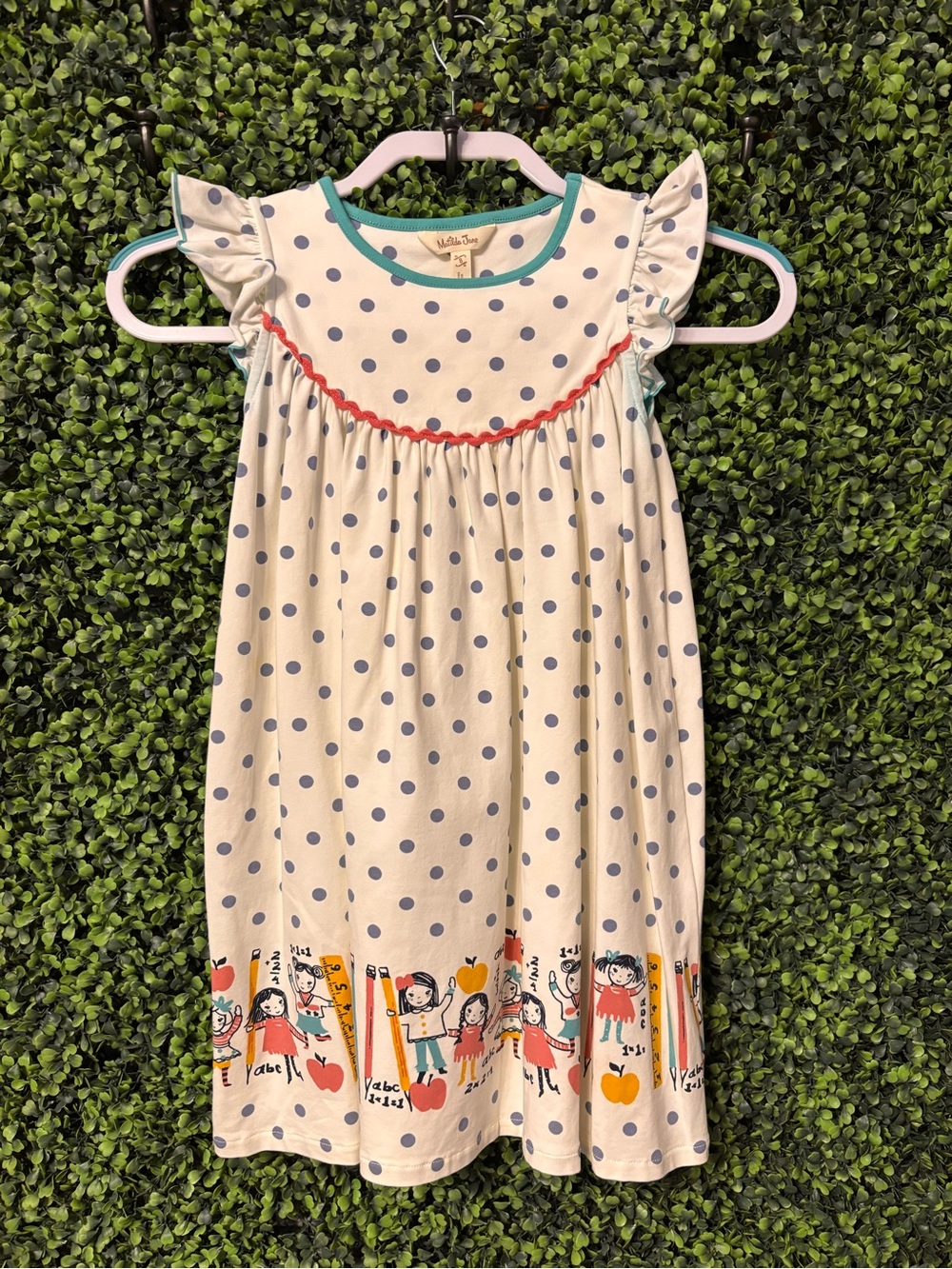 Matilda Jane Cream Dress with Blue Polka Dots and Colorful Hem Characters